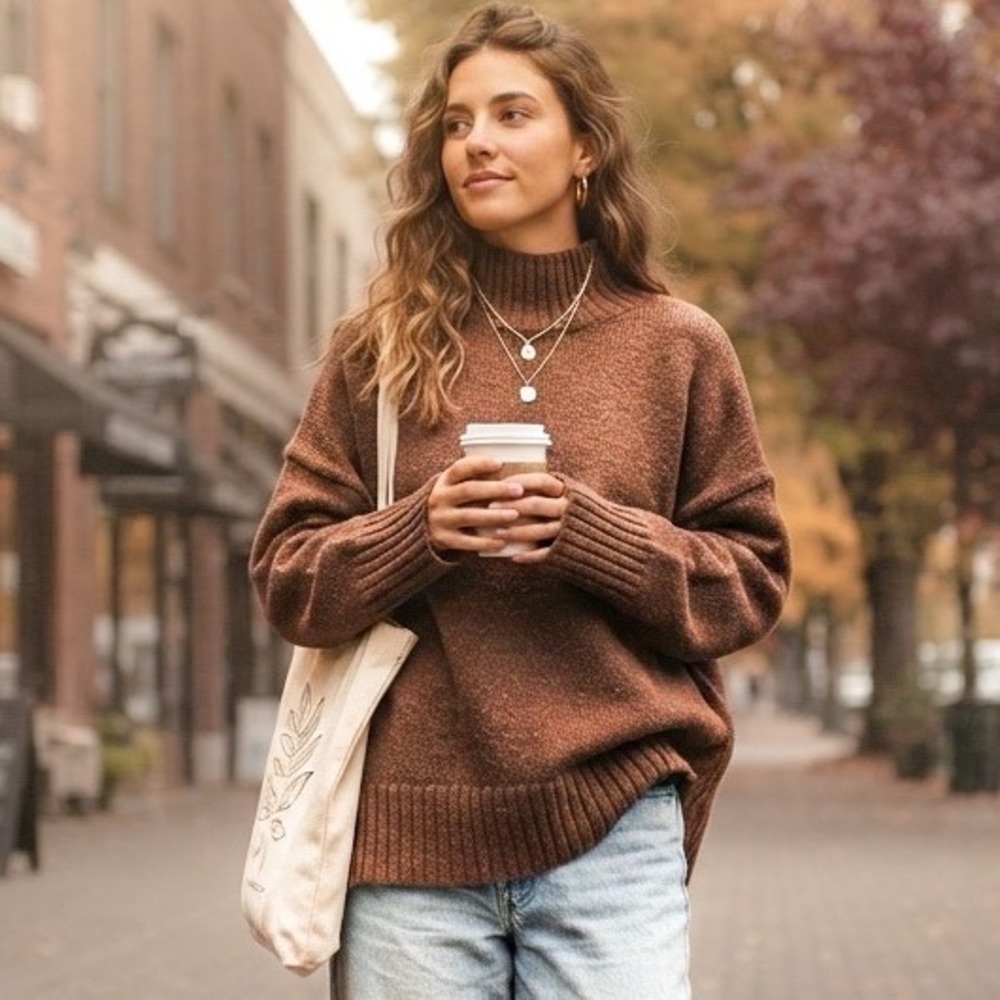 Abercrombie Mock Neck Sweater Women Sz S Brown Oversized Ribbed Knit Earthy Fall